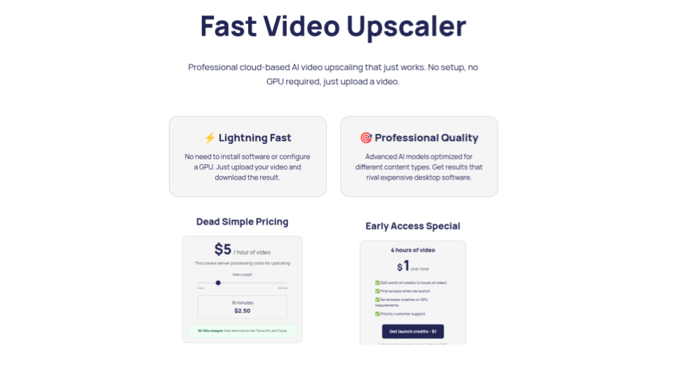 The paid AI video upscaler landing page